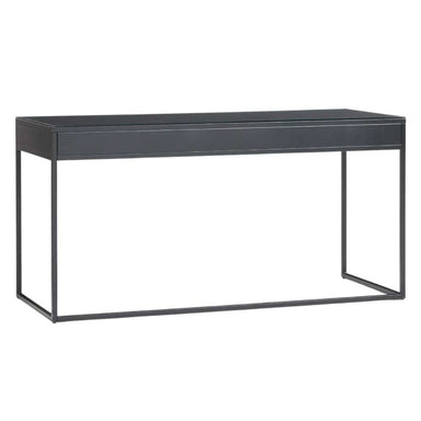 Rear view of Crate & Barrel Casement 60" Black Metal Desk showing its smooth black finish and minimalist metal base