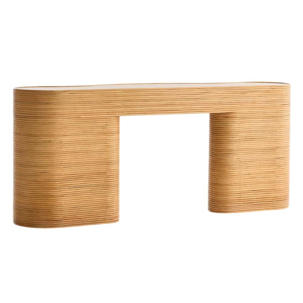 Rear view of Crate & Barrel Delphine 73" Storage Console Table Desk showing its continuous curved design and clean finished back