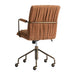 Rear view of Crate & Barrel Draper Ginger Upholstered Office Chair showing its ginger fabric upholstery, bronze metal frame, and rolling caster base