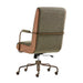 Rear view of Crate & Barrel Ellison Green Woven High-Back Office Chair with woven upholstery, wood frame, and rolling base