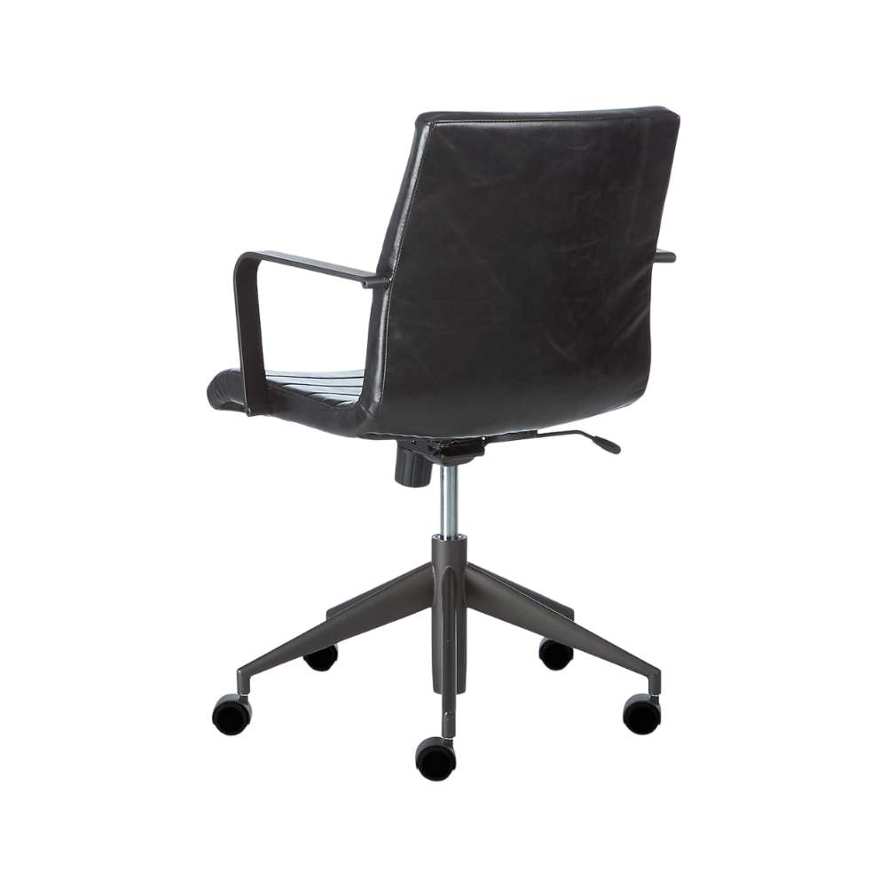 Rear view of Crate & Barrel Graham Black Office Chair with a smooth upholstered back and metal arms