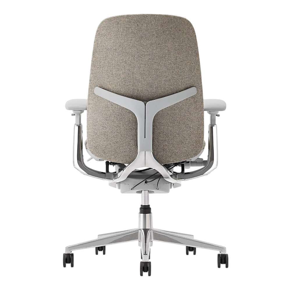 Rear view of Crate & Barrel Haworth Zody Upholstered Stone Office Chair highlights the supportive backrest, adjustable armrests, and rolling base