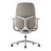 Rear view of Crate & Barrel Haworth Zody Upholstered Stone Office Chair highlights the supportive backrest, adjustable armrests, and rolling base
