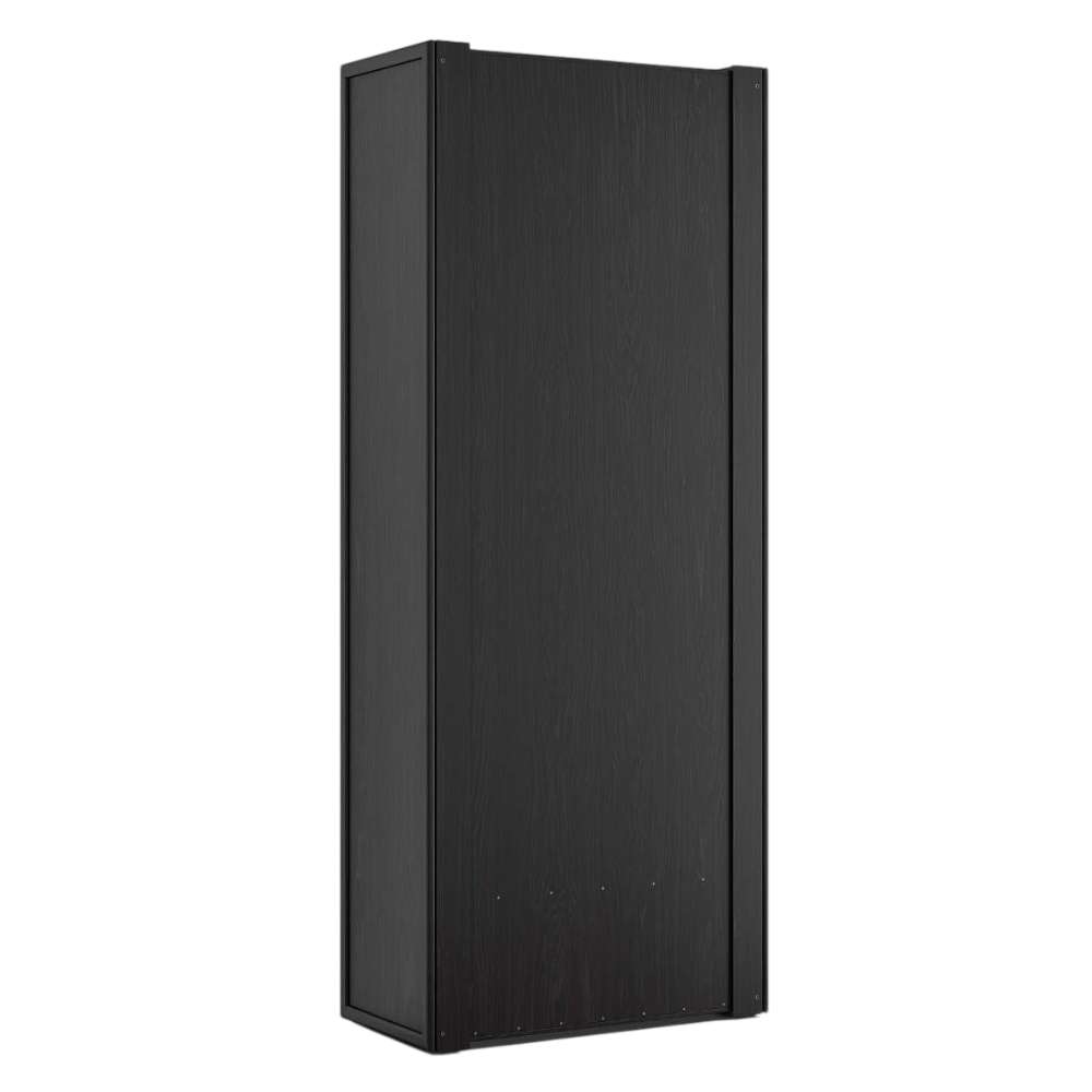 Rear view of Crate & Barrel Siena 34" Black Wood 4-Shelf Storage Bookcase with Drawer with a sleek black wood panel back