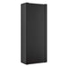 Rear view of Crate & Barrel Siena 34" Black Wood 4-Shelf Storage Bookcase with Drawer with a sleek black wood panel back