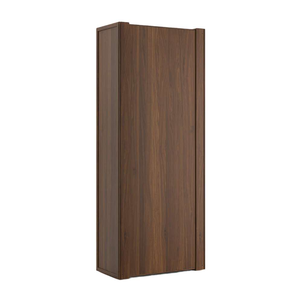 Rear view of Crate & Barrel Siena 34" Walnut Wood 4-Shelf Storage Bookcase with Drawer with a walnut wood panel back