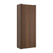 Rear view of Crate & Barrel Siena 34" Walnut Wood 4-Shelf Storage Bookcase with Drawer with a walnut wood panel back