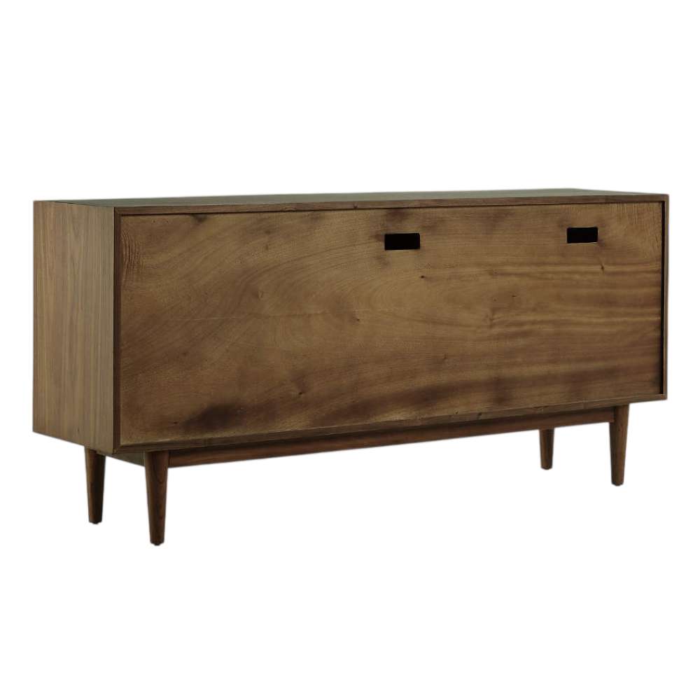 Rear view of Crate & Barrel Tate 64.5" Walnut Storage Media Console with cable management openings for media equipment