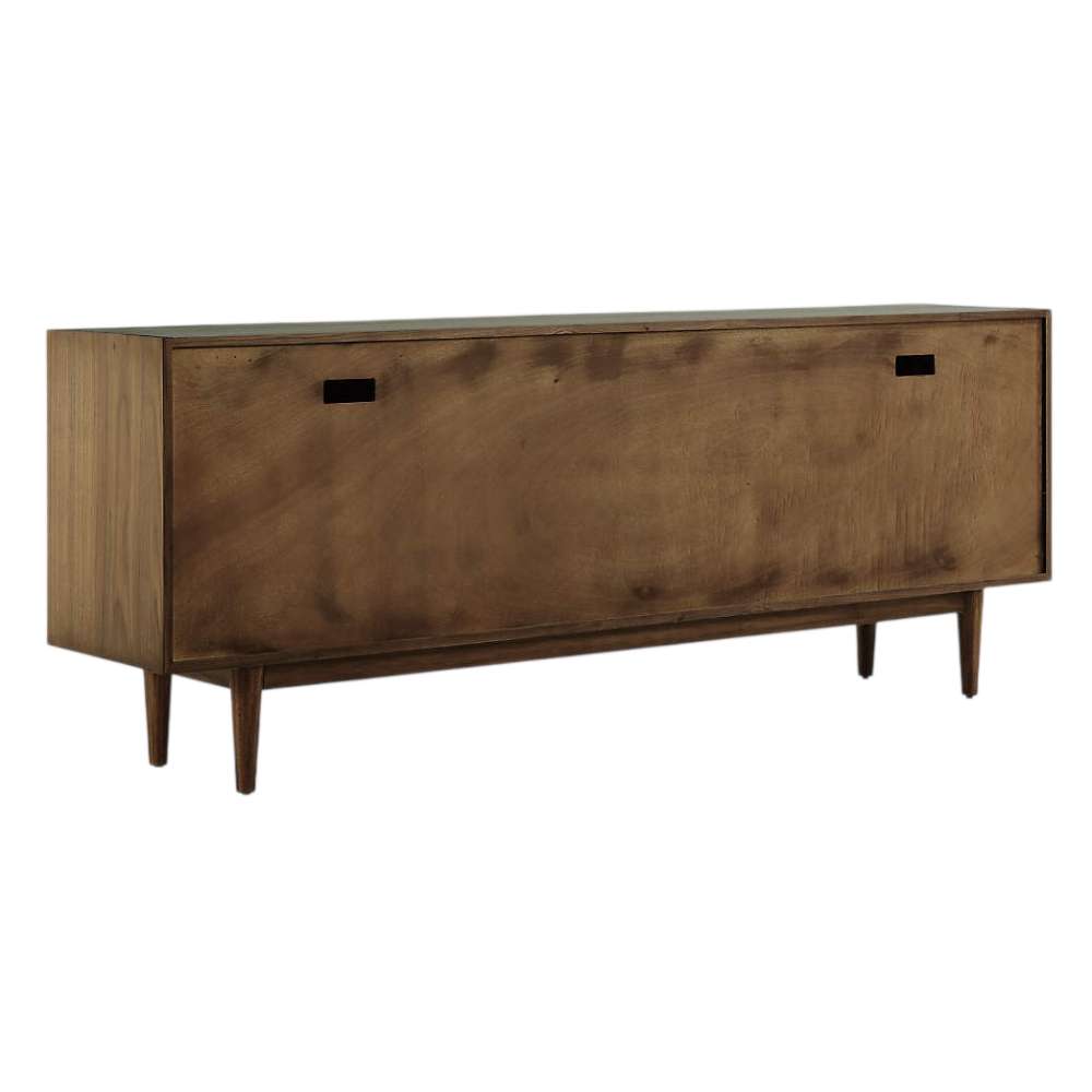 Rear view of Crate & Barrel Tate 80" Walnut Storage Media Console with cable management openings for media equipment