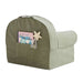 Rear view of Cyprus Green Crate & Barrel Organic Cotton Kids Lounge Nod Chair showing a top carry handle and a storage pocket holding books