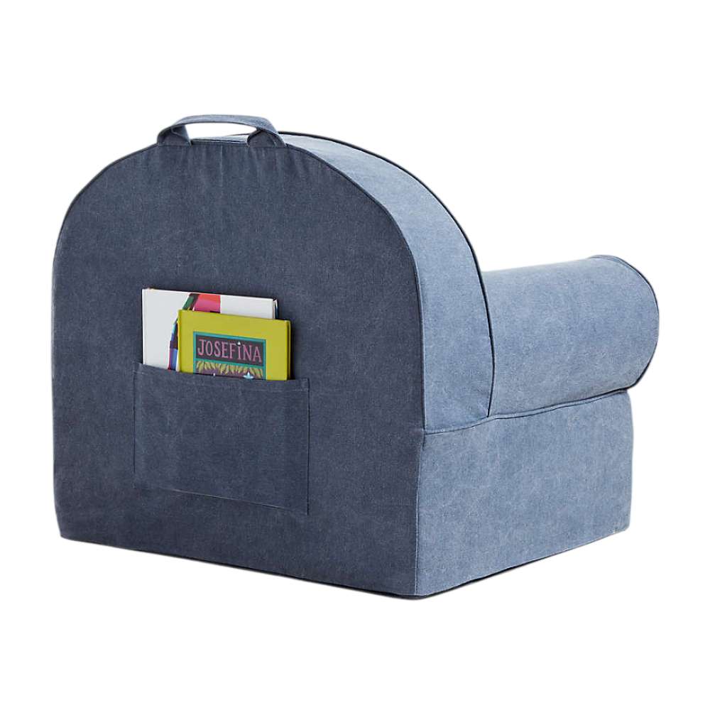 Rear view of Deep Indigo Crate & Barrel Organic Cotton Kids Lounge Nod Chair with a top carry handle and a large book storage pocket
