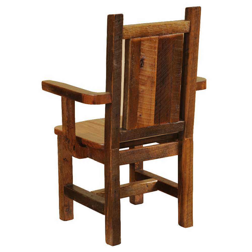 Rear view of Fireside Lodge Barnwood Artisan Dining Arm Chair showing the vertical barnwood back panels and strong wooden frame