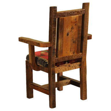 Rear view of Fireside Lodge Barnwood Artisan Upholstered Arm Chair showing its solid barnwood frame, wide wood back panel, and colorful upholstered seat