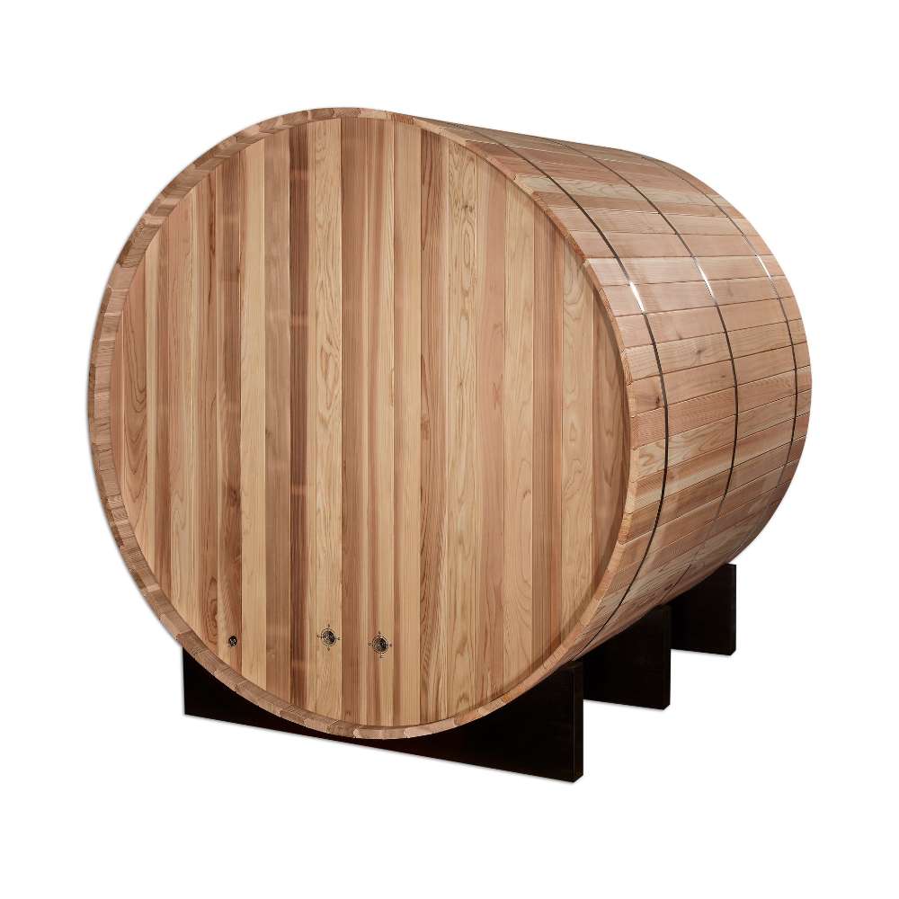 Rear view of Golden Designs Arosa 4 Person Barrel Traditional Sauna showing the solid cedar back wall, steel bands and black cradles