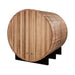 Rear view of Golden Designs Arosa 4 Person Barrel Traditional Sauna showing the solid cedar back wall, steel bands and black cradles