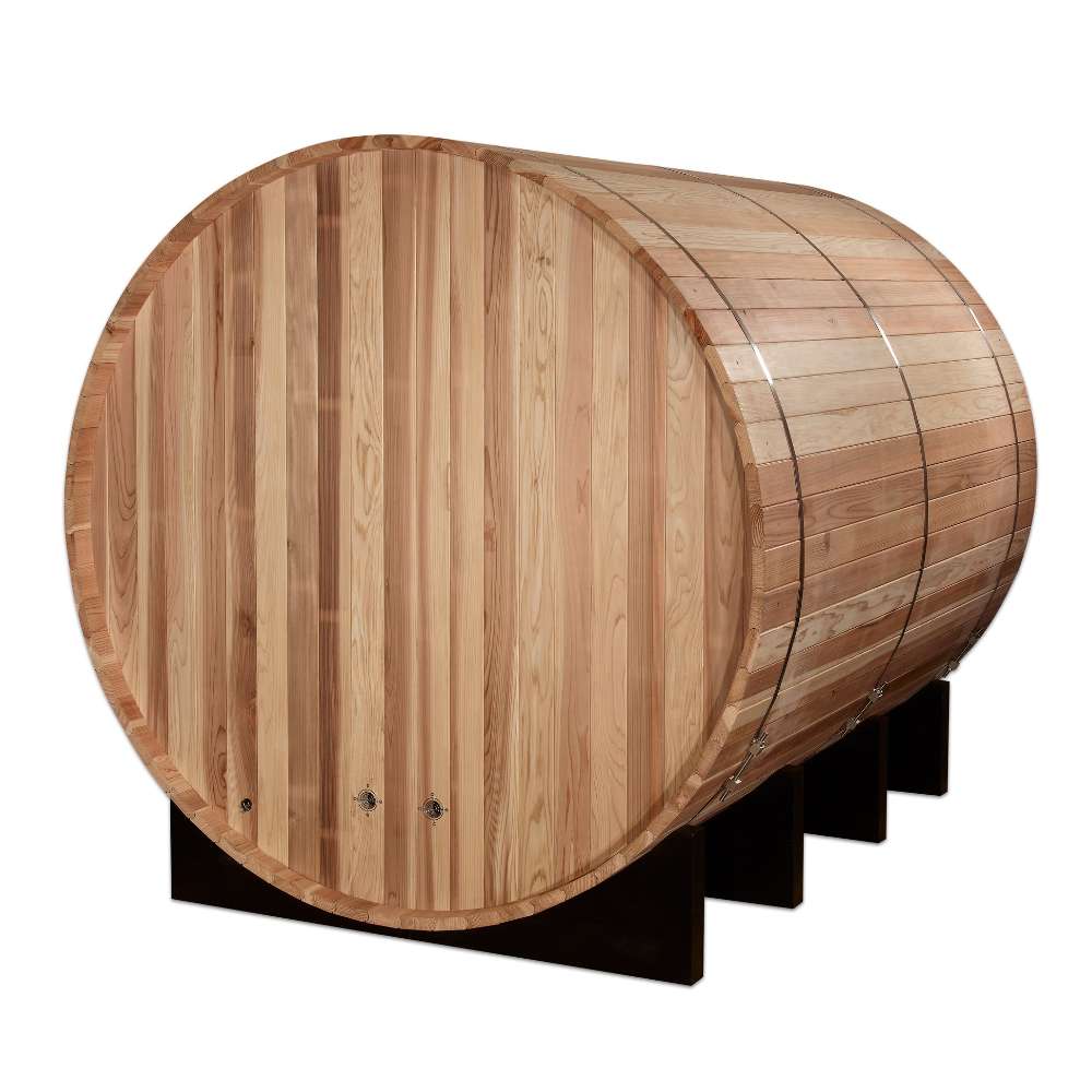 Rear view of Golden Designs Klosters 6 Person Barrel Traditional Sauna showing a solid cedar back wall on a black cradle base