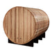 Rear view of Golden Designs Klosters 6 Person Barrel Traditional Sauna showing a solid cedar back wall on a black cradle base