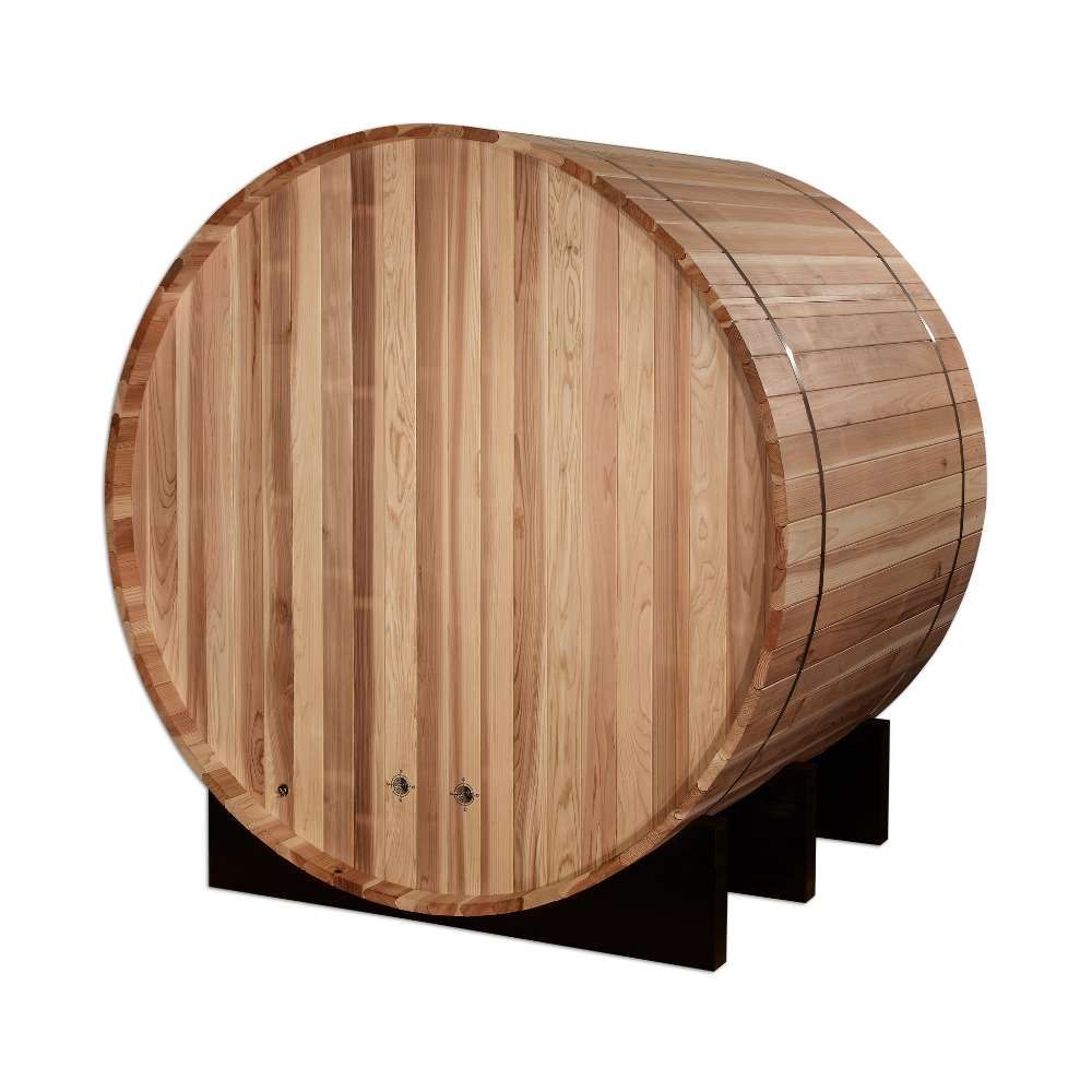 Rear view of Golden Designs St. Moritz 2 Person Barrel Traditional Sauna showing its solid cedar back wall and barrel staves resting on black cradles