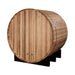 Rear view of Golden Designs St. Moritz 2 Person Barrel Traditional Sauna showing its solid cedar back wall and barrel staves resting on black cradles