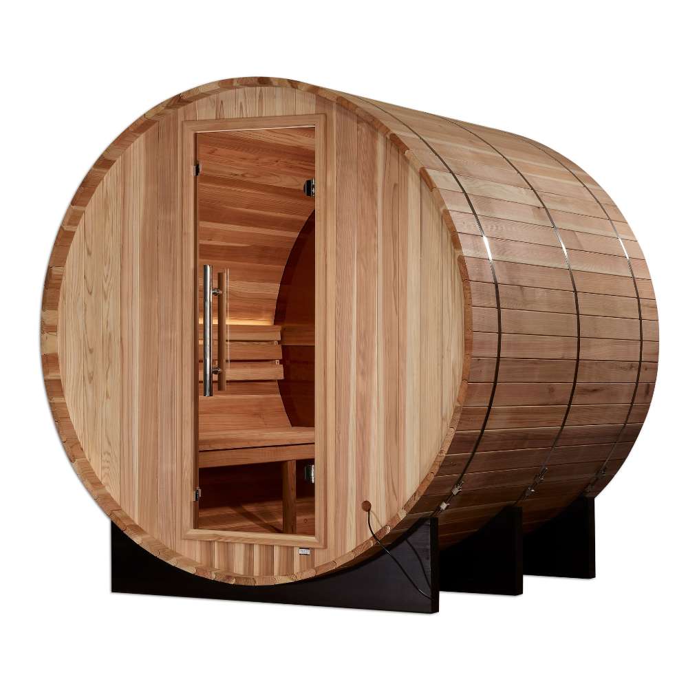 Rear view of Golden Designs Zurich 4 Person Barrel with Bronze Privacy View Traditional Sauna through the clear back wall showing lit cedar benches and the guarded stove inside