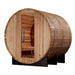 Rear view of Golden Designs Zurich 4 Person Barrel with Bronze Privacy View Traditional Sauna through the clear back wall showing lit cedar benches and the guarded stove inside