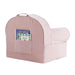 Rear view of Lilac Mauve Crate & Barrel Organic Cotton Kids Lounge Nod Chair showing a carry handle and a large pocket holding children's books