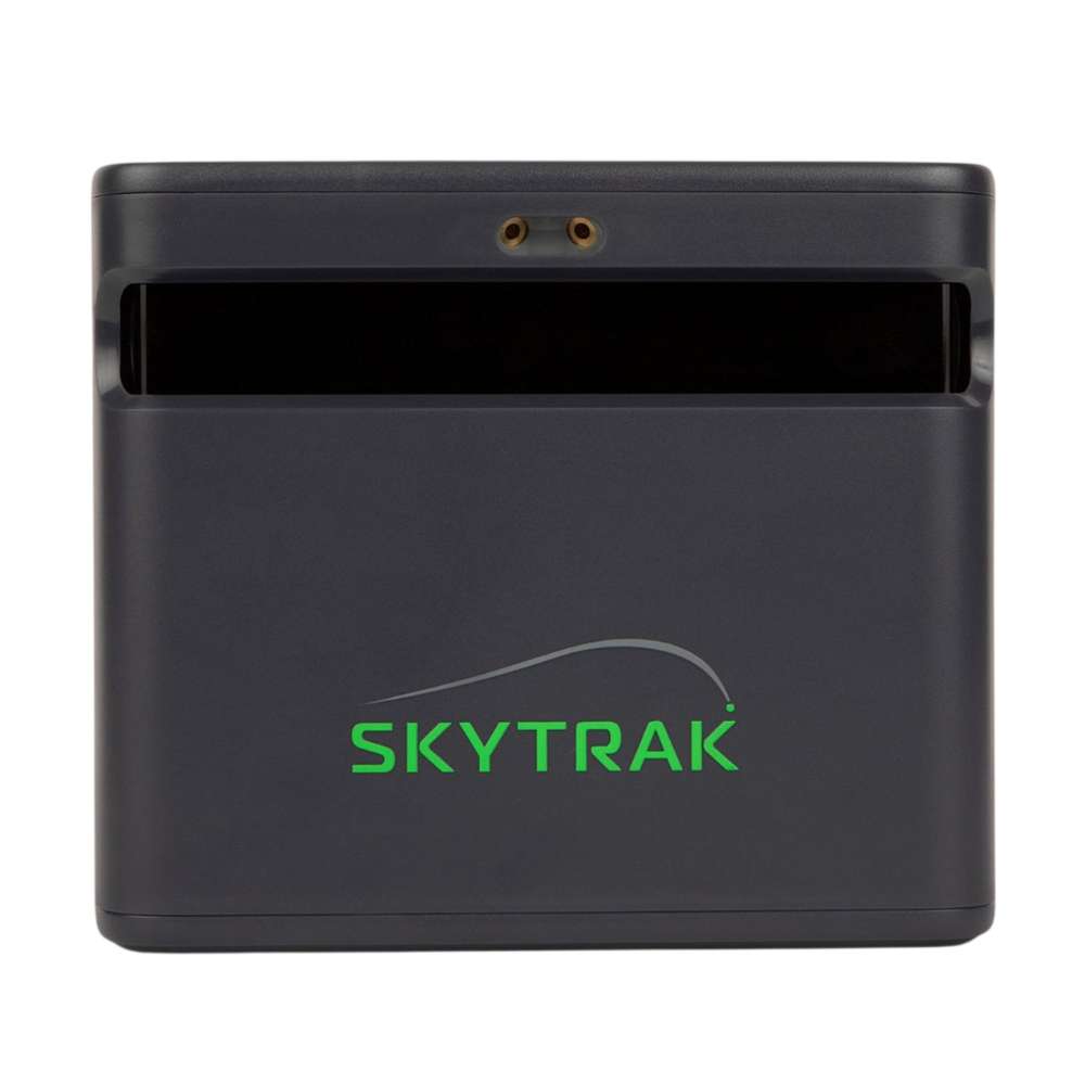 Rear view of SKYTRAK ST MAX Launch Monitor showing a horizontal sensor opening and green SKYTRAK logo