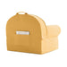 Rear view of Savannah Yellow Crate & Barrel Organic Cotton Kids Lounge Nod Chair showing a top carry handle and a large storage pocket holding a book