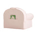 Rear view of Soft Pink Crate & Barrel Organic Cotton Kids Lounge Nod Chair with a top carry handle and a storage pocket holding a book