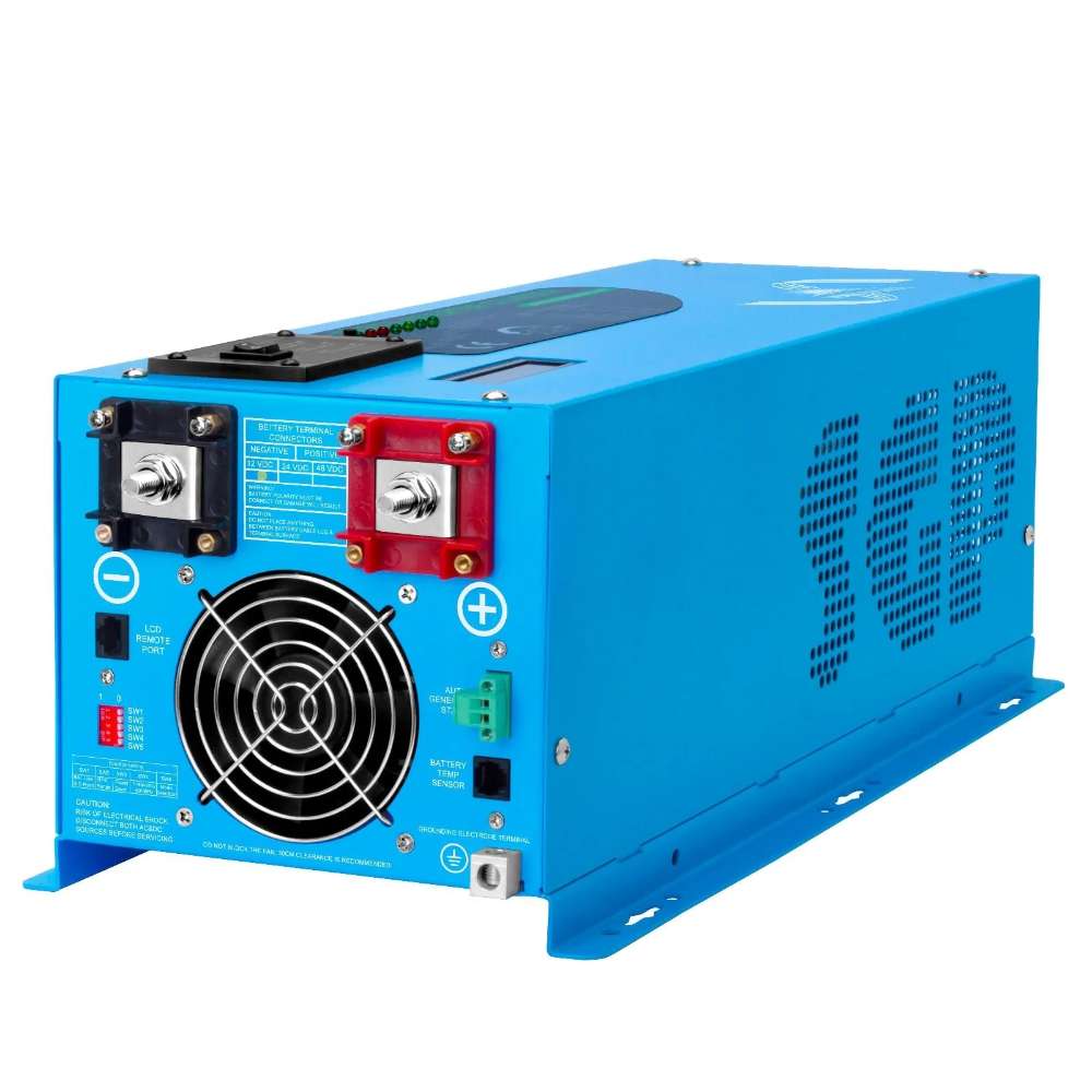 Rear view of Sun Gold Power 2000W DC 12V Pure Sine Wave Inverter With Charger showing heavy-duty battery terminals, cooling fan, and connection ports