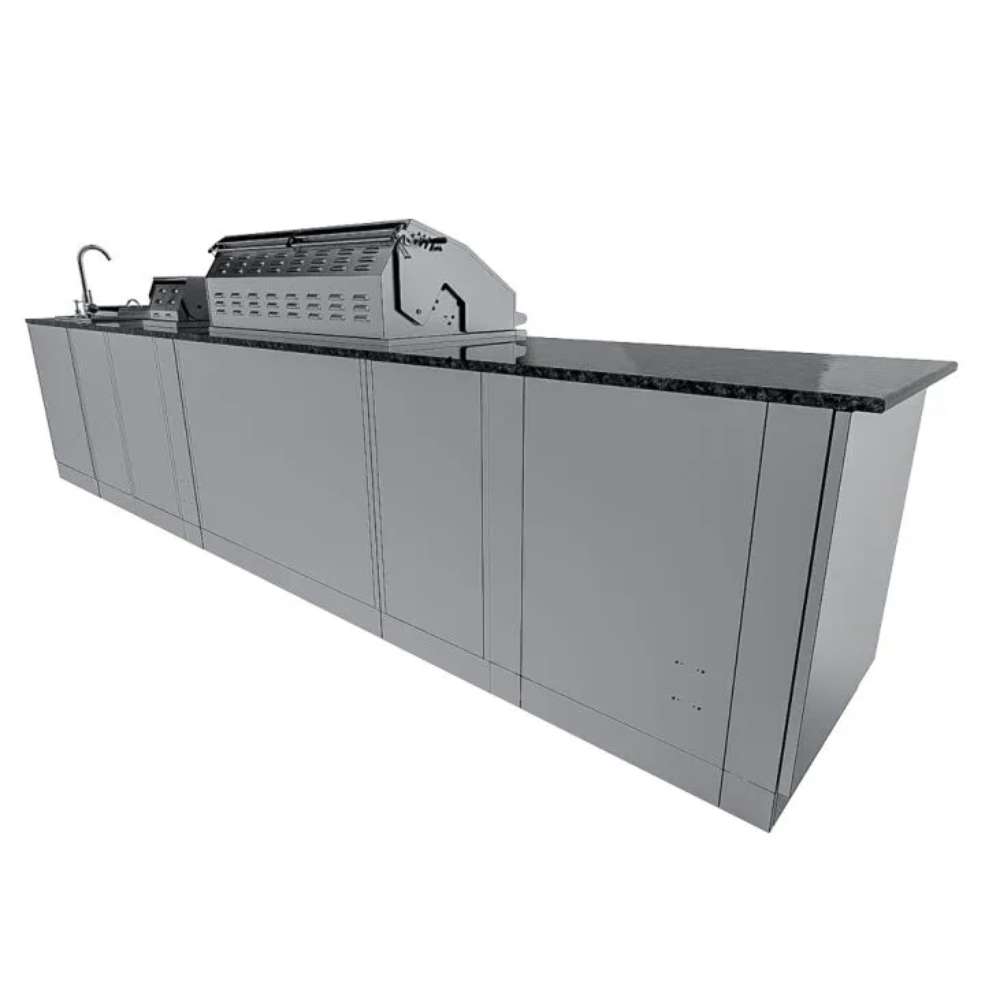 Rear view of Sunstone Dallas 14ft Outdoor Kitchen Island Package with Gas Hybrid Charcoal Grill with clean stainless steel panels