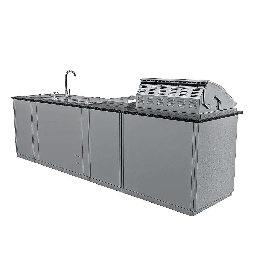 Rear view of Sunstone Summit 10ft Outdoor Kitchen Island Package featuring smooth stainless steel panels and countertop design