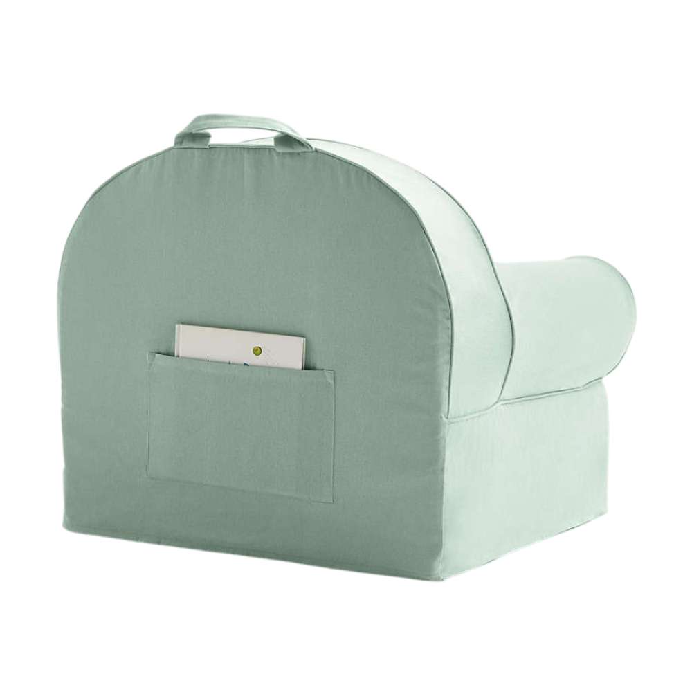 Rear view of Volta Teal Crate & Barrel Organic Cotton Kids Lounge Nod Chair featuring a top carry handle and a rectangular storage pocket