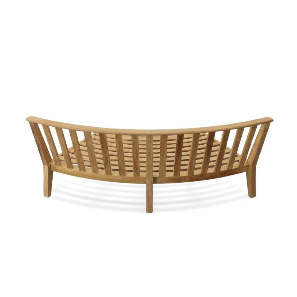 Rear view of Westminster Teak Kafelonia Sofa Sectional shows the curved slatted backrest and sturdy wooden legs from behind