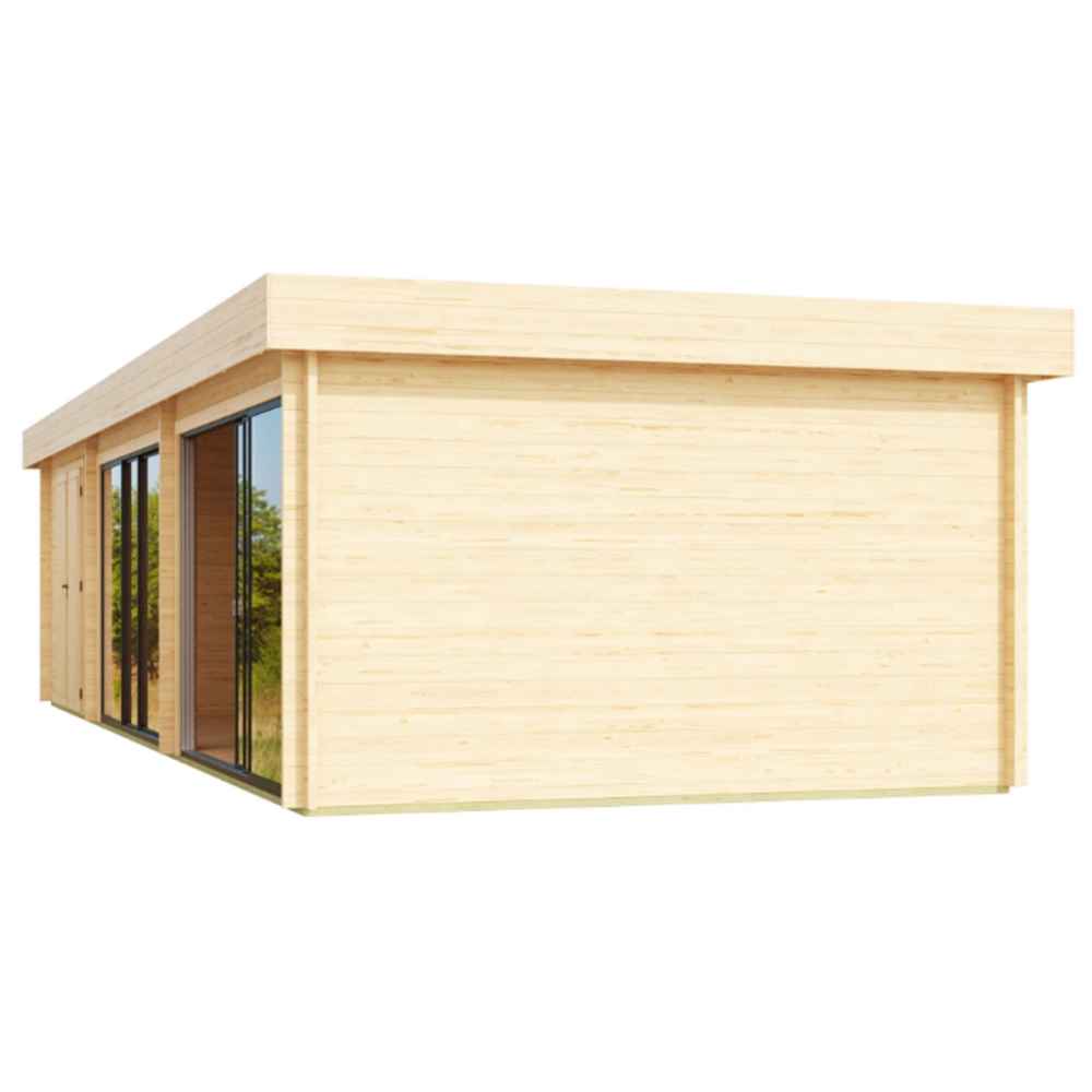 Rear angle of the GardenHouse24 USA ALU Concept 70L Garden Room displays a clean, windowless wooden wall with sharp modern lines