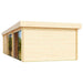 Rear angle of the GardenHouse24 USA ALU Concept 70L Garden Room displays a clean, windowless wooden wall with sharp modern lines