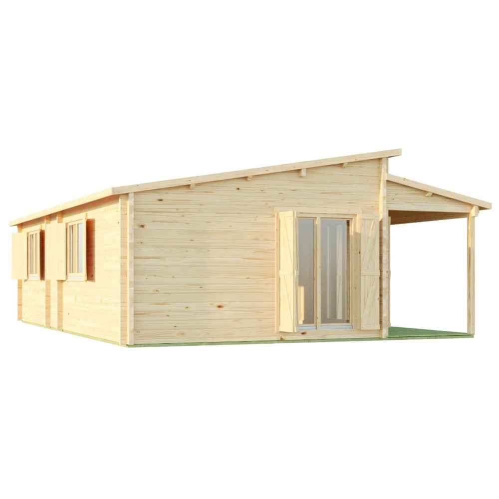 Rear angle of the GardenHouse24 USA Pamplona 70 Garden Room displays its clean wooden exterior and double glass doors under a sloped roof