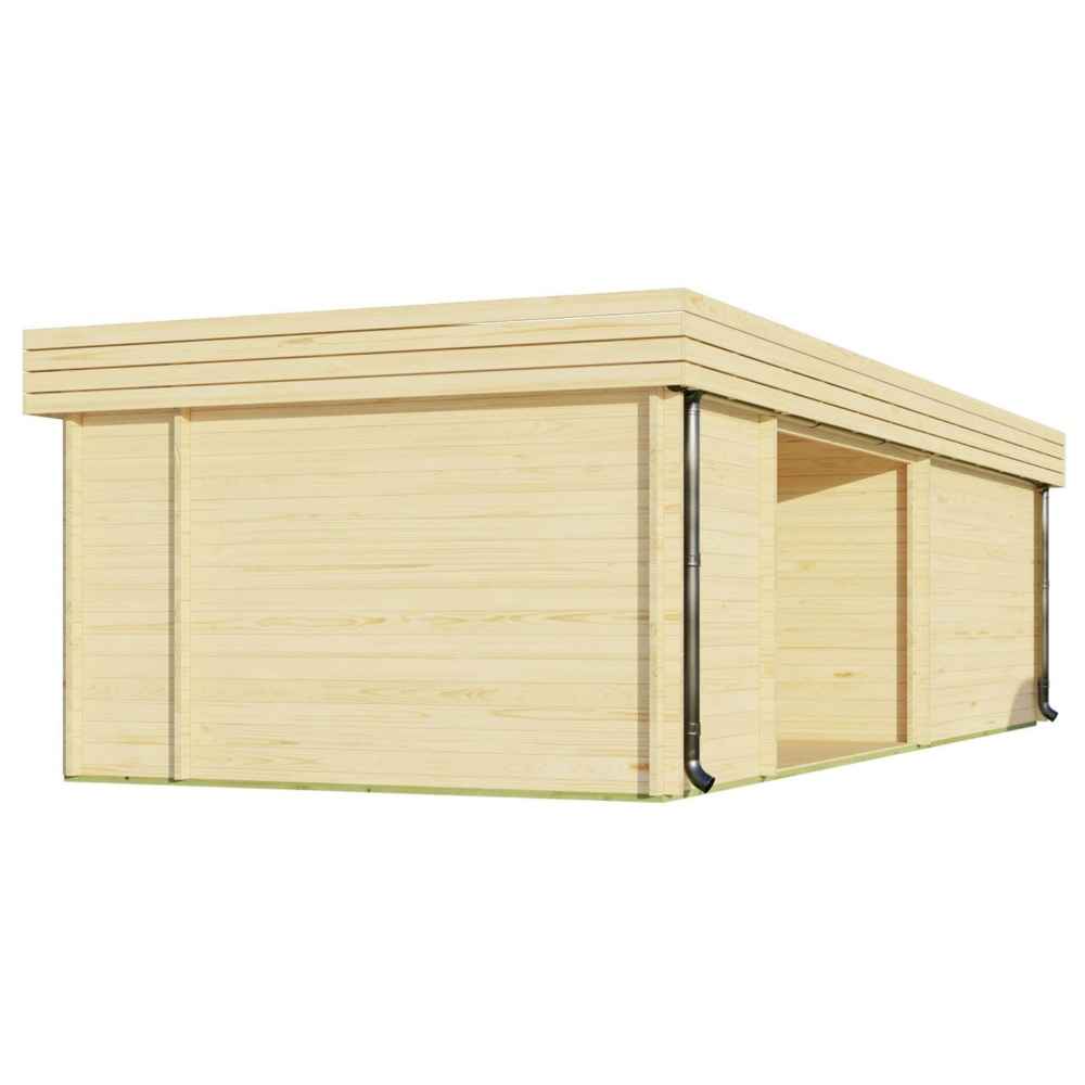 Rear angle of the GardenHouse24 USA Rait 44 Garden Room highlights its wooden walls and sharp roof edges with black downspouts