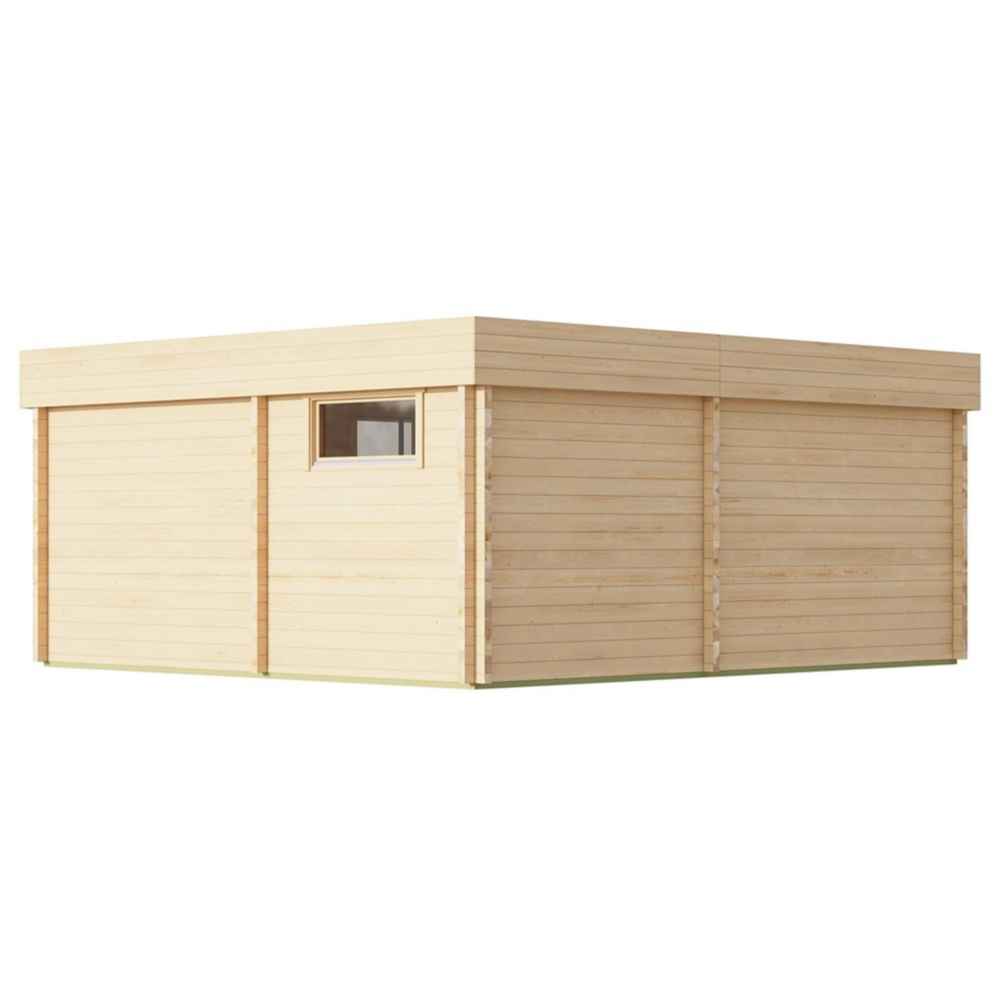 Rear angle of the GardenHouse24 USA Sauna Giocoso 70 Garden Room shows solid wood paneling and a small horizontal window for privacy