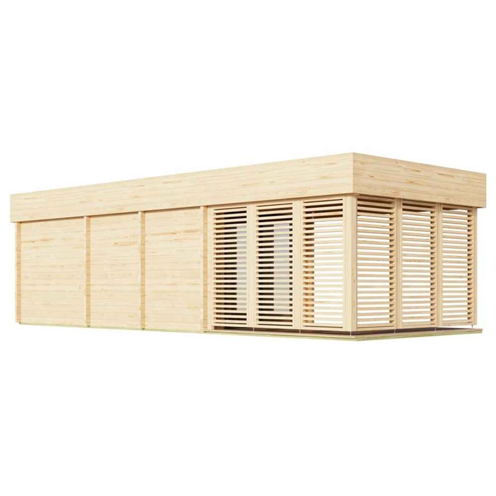 Rear angle of the GardenHouse24 USA Sauna Largo 90 Garden Room highlighting its closed slatted panels and clean, rectangular wooden architecture
