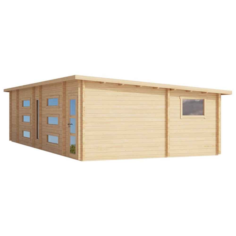 Rear angled view of the GardenHouse24 USA Dundee 90A Garden Room shows solid wood panels and a single side window