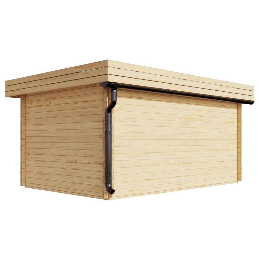 Rear corner angle displays the rain gutter system and minimal exterior of the GardenHouse24 USA Miriam 44A Classic Garden Room