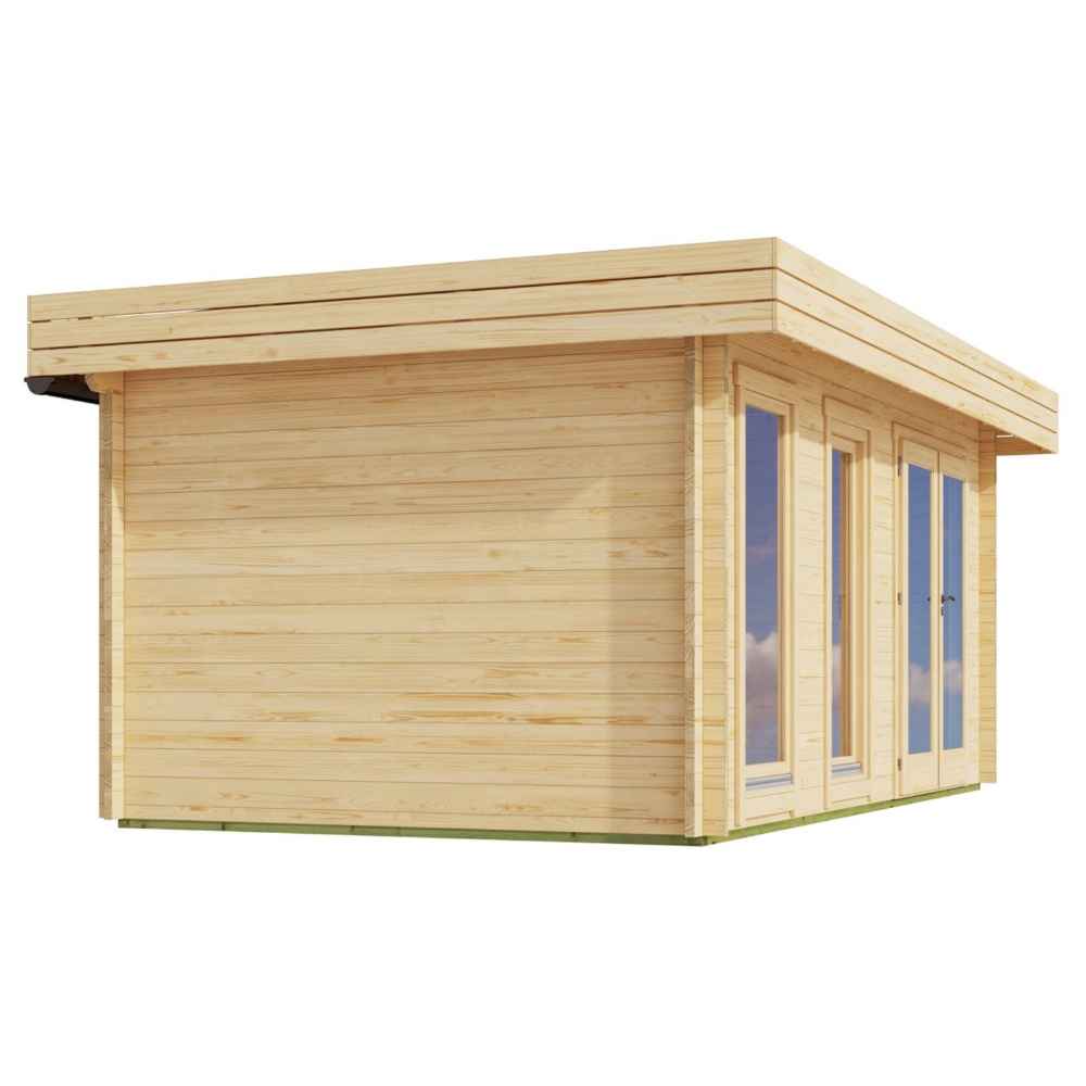 Rear corner exterior view of the GardenHouse24 USA Miriam 44B Modern Garden Room reveals light wood siding and a sleek flat roof