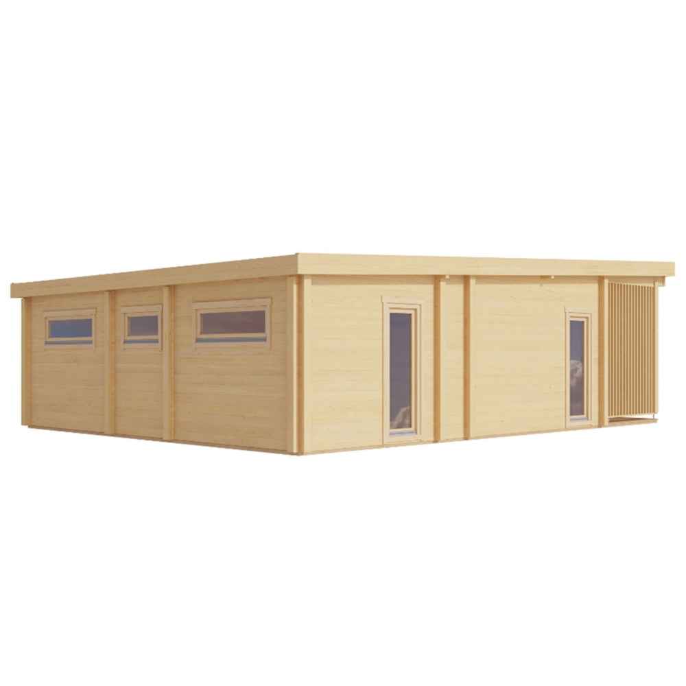 Rear corner view of the GardenHouse24 USA Arhus 70 Garden Room displays its minimalist wooden design with narrow horizontal windows and a single side door