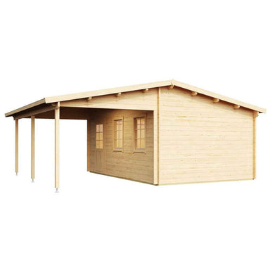 Rear corner view of the GardenHouse24 USA Garage Bjarne 44 Garden Room highlighting its deep covered terrace and two windows