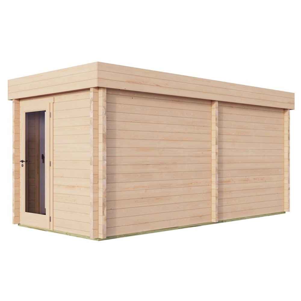 Rear corner view of the GardenHouse24 USA Sauna Giusto 70 Garden Room, showcasing a wooden wall with a single door and no windows