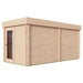 Rear corner view of the GardenHouse24 USA Sauna Giusto 70 Garden Room, showcasing a wooden wall with a single door and no windows