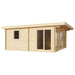 Rear corner view of the GardenHouse24 USA Taunus 70 Garden Room displays its wood exterior, a side window, and dual sets of glass doors