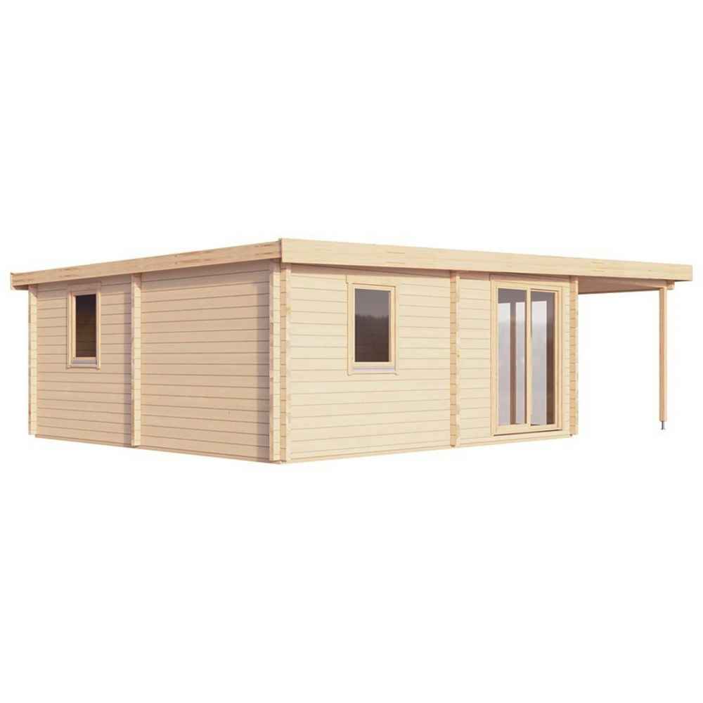 Rear corner view shows the simple, windowed back and side walls of the GardenHouse24 USA Taunus 70 VD Garden Room in pale timber