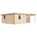 Rear corner view shows the simple, windowed back and side walls of the GardenHouse24 USA Taunus 70 VD Garden Room in pale timber